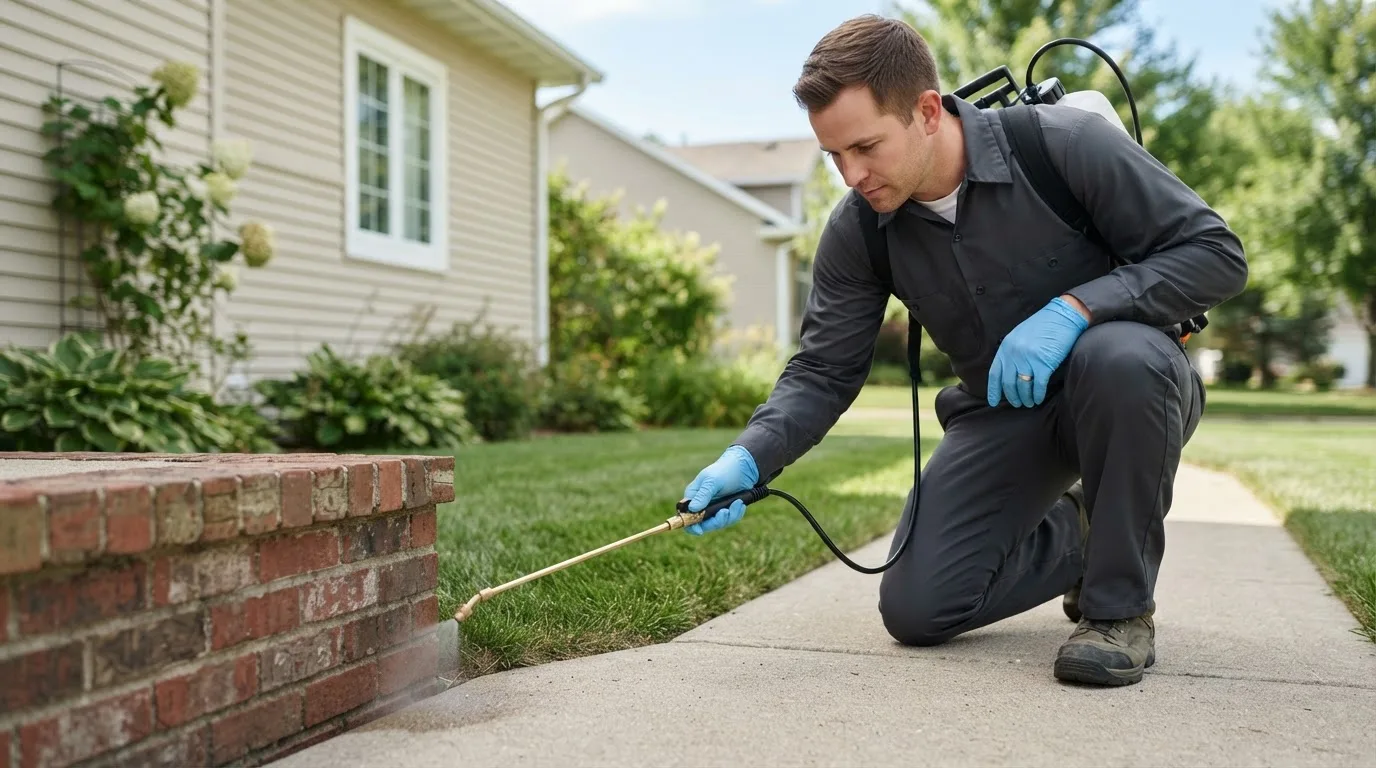 Pest control technician treating a home near Hoopeston, IL