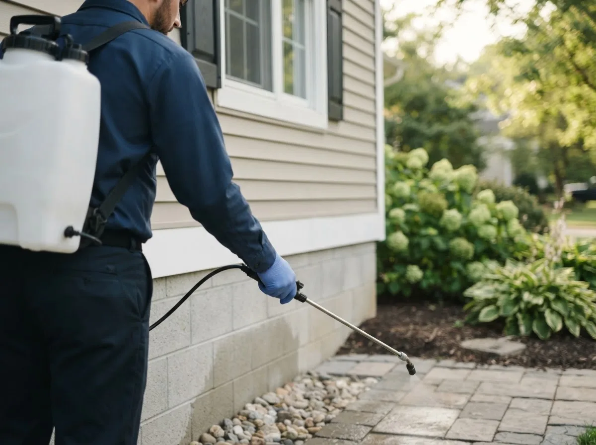 Pest control technician inspecting a home in Hoopeston, IL